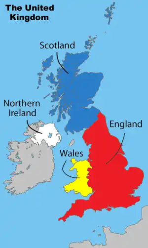Map of the United Kingdom showing England, Scotland, Wales and Northern Ireland